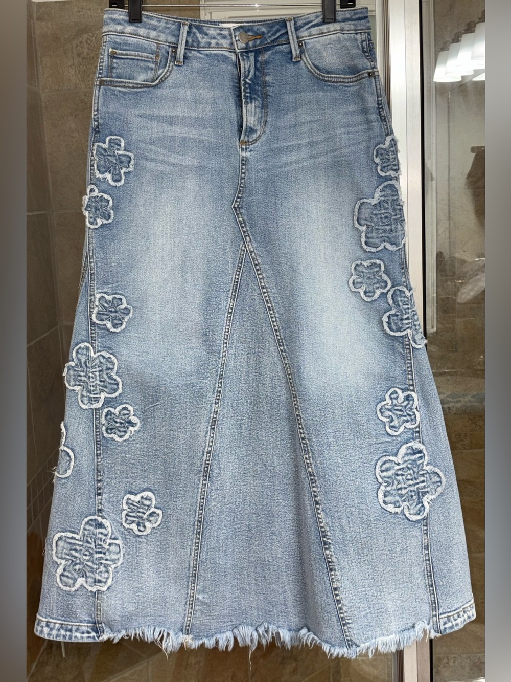 Free People Driftwood Light Blue Floral Appliqué Denim Maxi Skirt